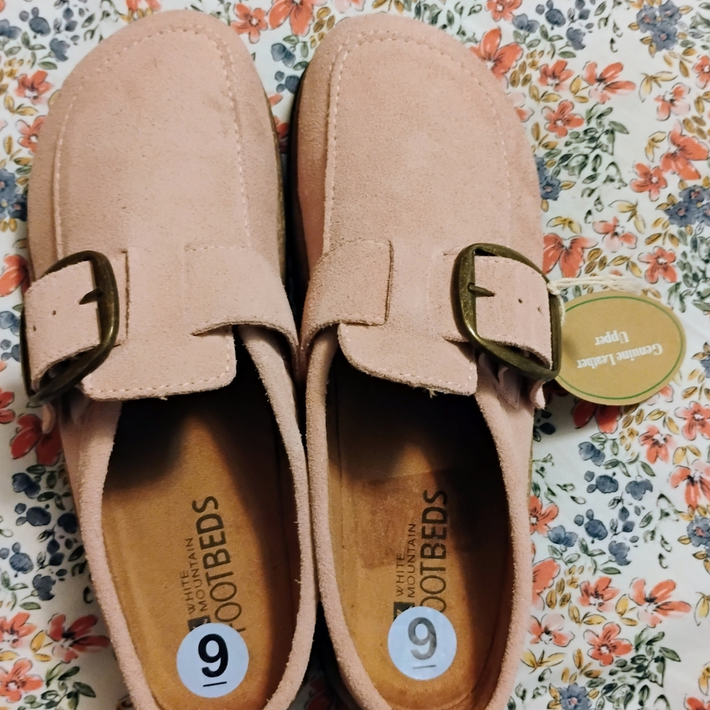 White Mountain Pink Suede Mules with Gold Buckle